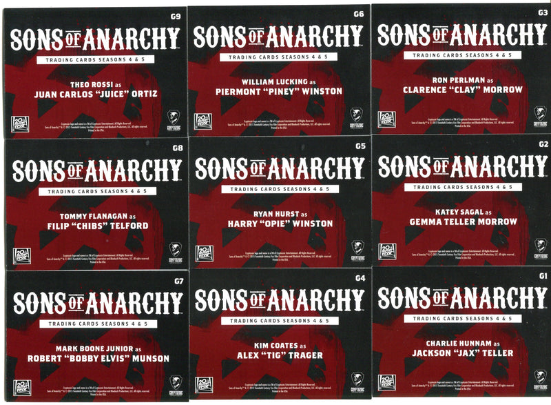 2015 Sons of Anarchy Season 4 & 5 Gallery Chase Card Set G1-G9   - TvMovieCards.com