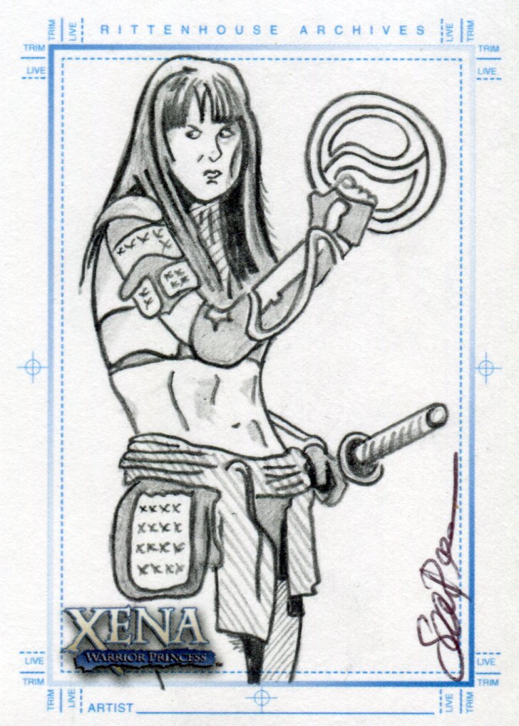 Xena Art & Images Sketch Card by Sean Pence Xena Holding Chakrum   - TvMovieCards.com