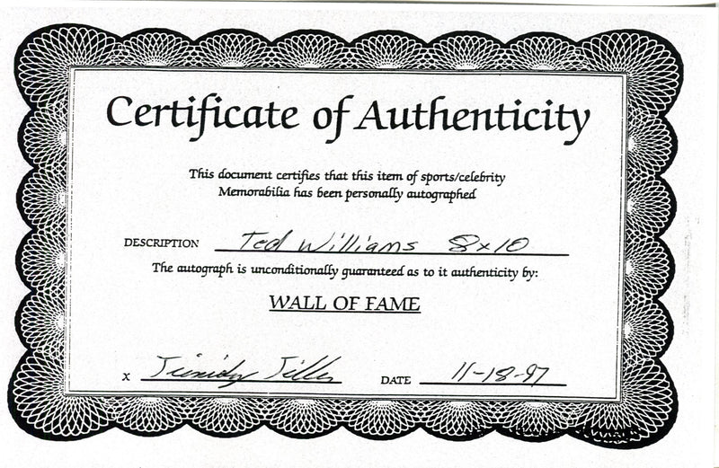 Ted Williams Signed Autographed 8x10 Photo COA Boston Red Sox HOF   - TvMovieCards.com