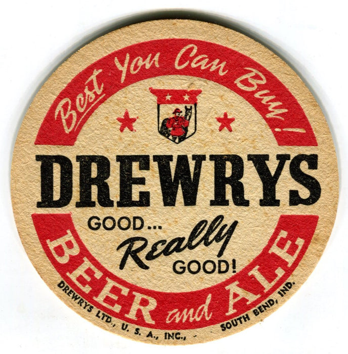 1940s Drewrys Beer & Ale 3½ inch Coaster "Good... Really Good!" South Bend IN   - TvMovieCards.com