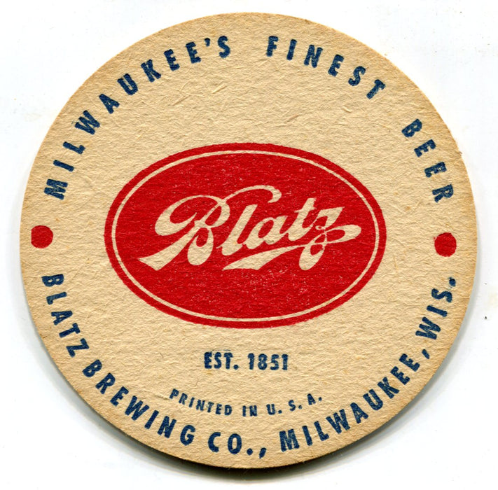 1950s Blatz Brewing Company 3½ inch Coaster "Milwaukee's Finest Beer"   - TvMovieCards.com