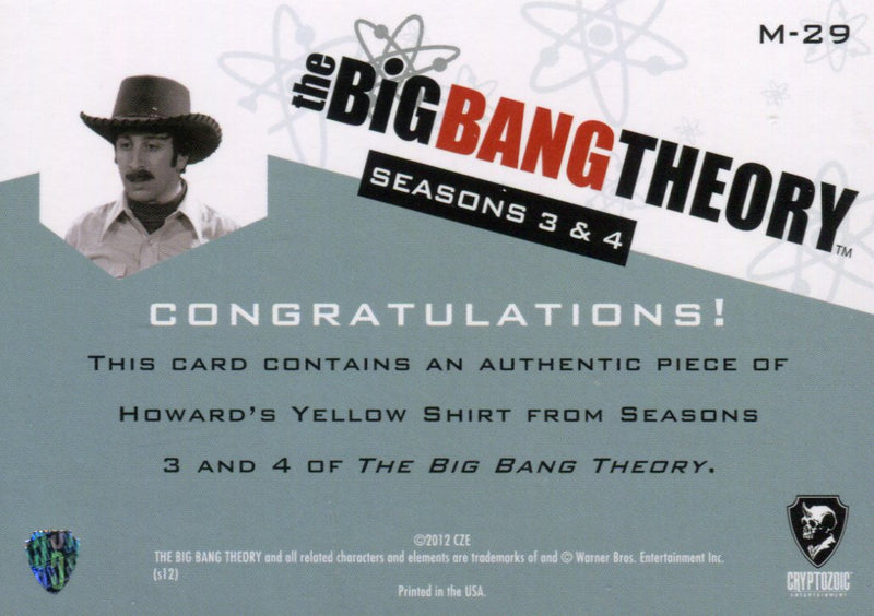 Big Bang Theory Seasons 3 & 4 Howard's Yellow Shirt Wardrobe Costume Card M-29   - TvMovieCards.com