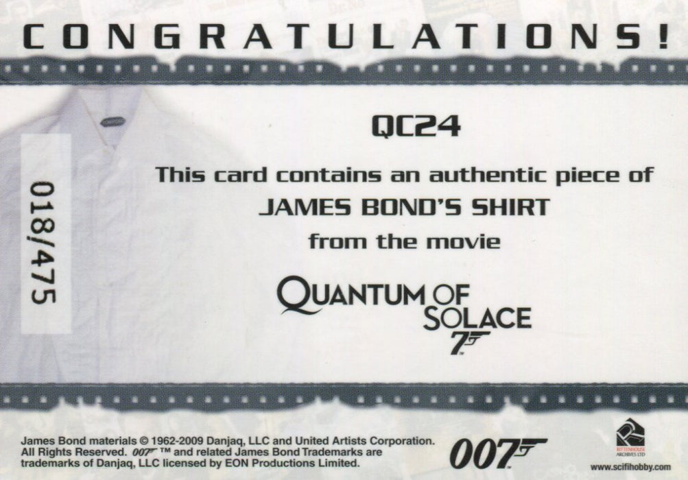 James Bond 2009 Archives James Bond's Shirt Relic Card QC24 #018/475   - TvMovieCards.com