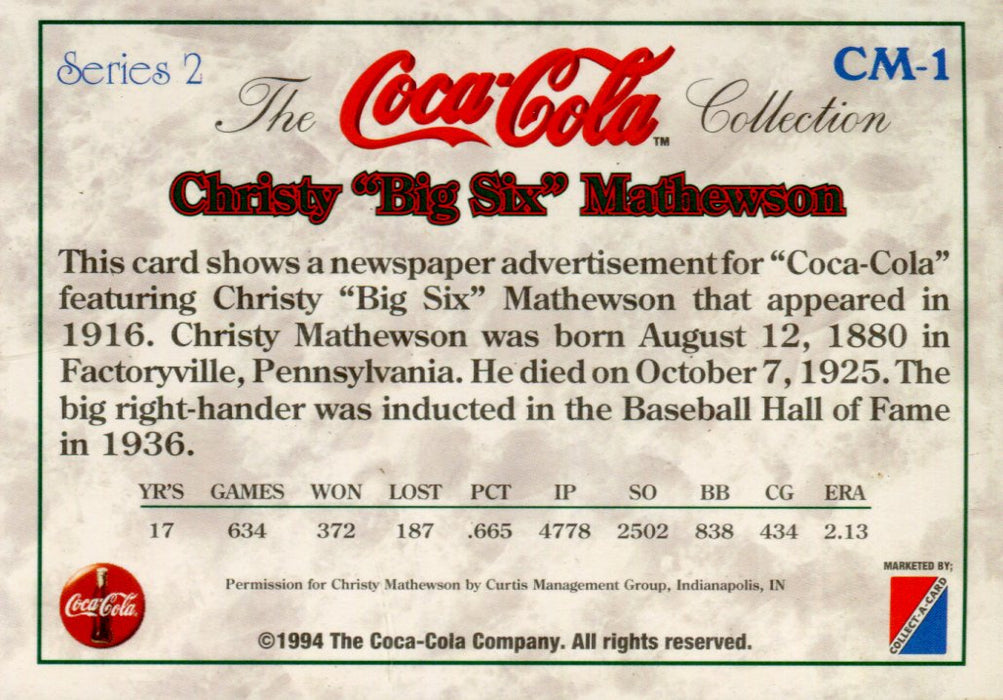 Coca Cola Series 2 Christy "Big Six" Mathewson Bonus Chase Card CM-1   - TvMovieCards.com