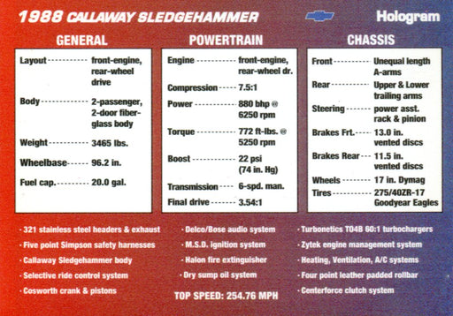 Vette Set - 1988 Corvette Callaway Hologram Chase Card Collect-A-Card 1991   - TvMovieCards.com