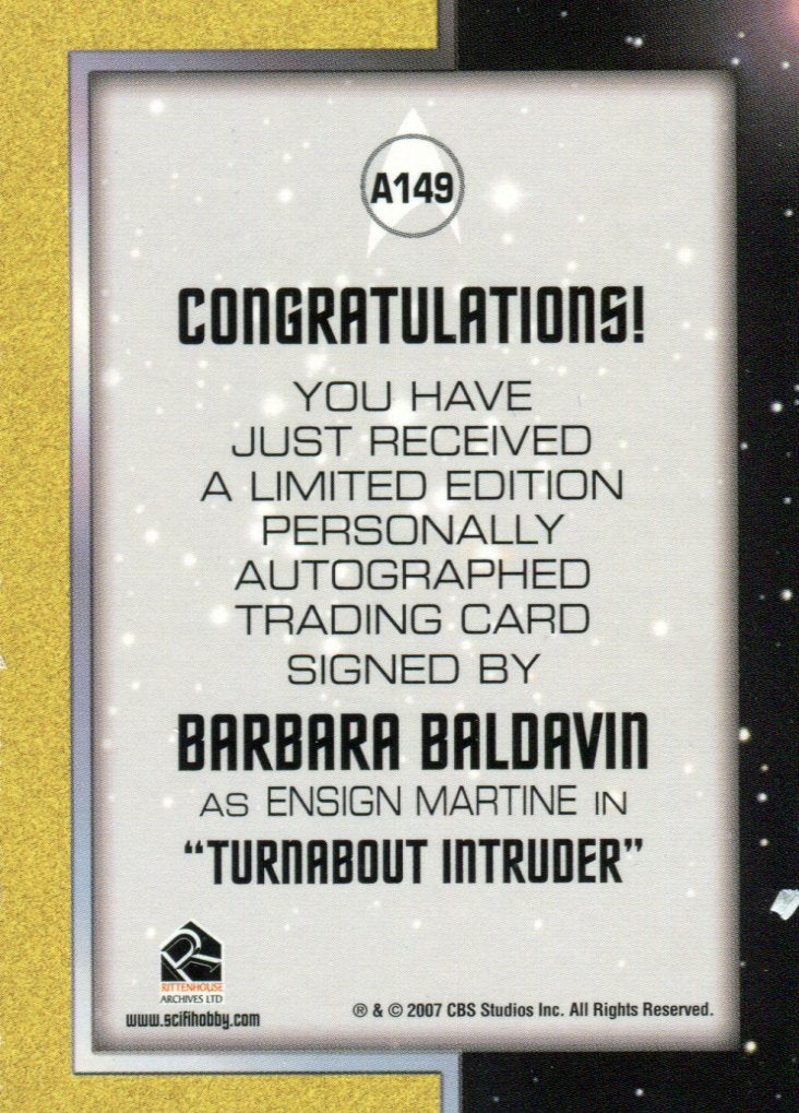 Star Trek TOS 40th Anniversary 2 Barbara Baldavin Ensign Martine Autograph Card   - TvMovieCards.com