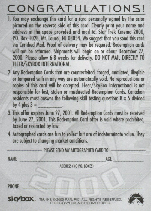 Star Trek Generations Cinema Dougherty Expired Autograph Redemption Card   - TvMovieCards.com