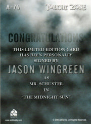 Twilight Zone 4 Science and Superstition Jason Wingreen Autograph Card A-76   - TvMovieCards.com