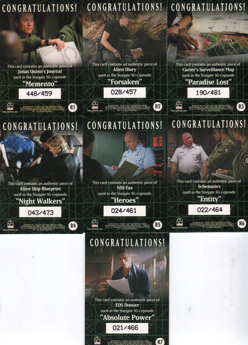 Stargate SG-1 Season Seven Relic / Prop Card Set 7 Cards R1 thru R7   - TvMovieCards.com