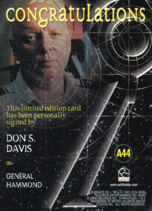 Stargate SG-1 Season Seven Don Davis as General Hammond Autograph Card A44   - TvMovieCards.com