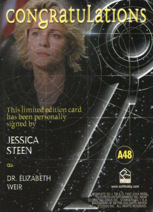Stargate SG-1 Season Seven Jessica Steen as Dr. Elizabeth Weir Autograph Card A4   - TvMovieCards.com