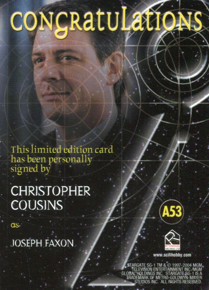 Stargate SG-1 Season Seven Christopher Cousins Joseph Faxon Autograph Card A53   - TvMovieCards.com