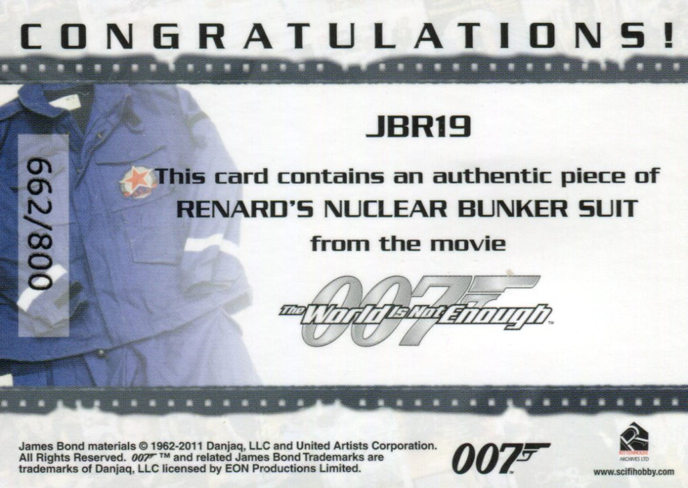 James Bond Mission Logs Renard's Bunker Suit Relic Costume Card JBR19 #662/800   - TvMovieCards.com