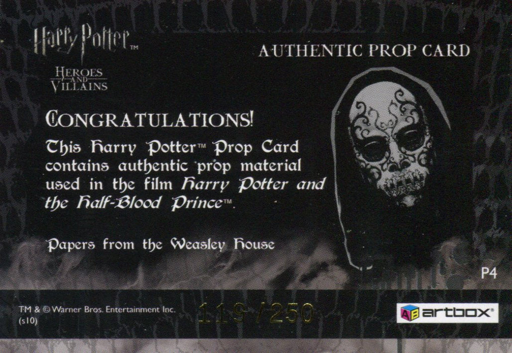 Harry Potter Heroes & Villains Weasley House Papers Prop Card P4 HP #119/250   - TvMovieCards.com