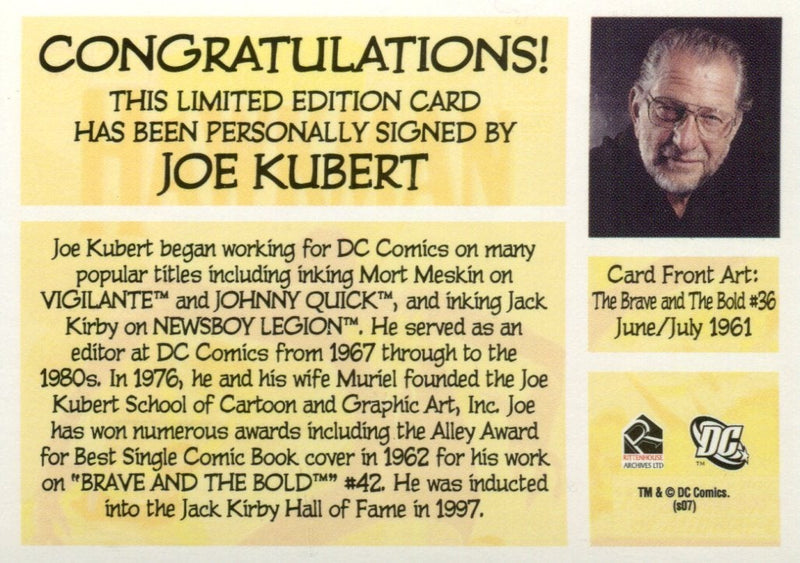 DC Legacy Joe Kubert Autograph Card DC Comics Rittenhouse 2007   - TvMovieCards.com