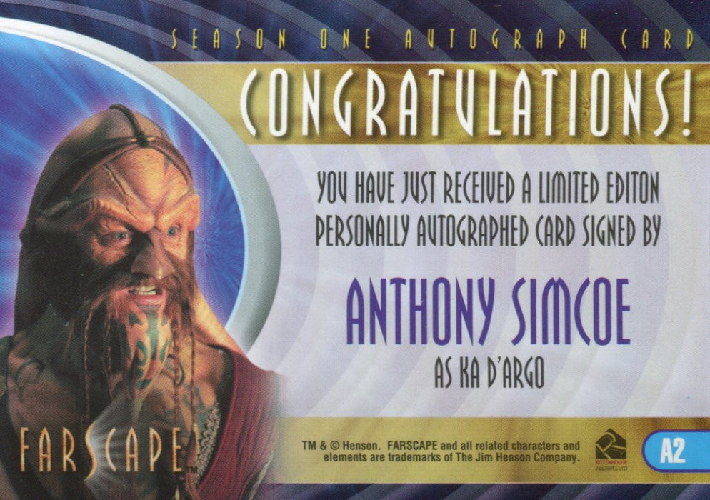 Farscape Season 1 Anthony Simcoe as Ka D'Argo Autograph Card A2   - TvMovieCards.com