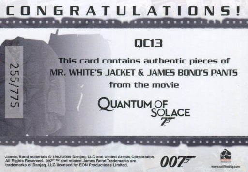 James Bond 2009 Archives James Bond & Mr. White Double Relic Card QC13 #255/775   - TvMovieCards.com