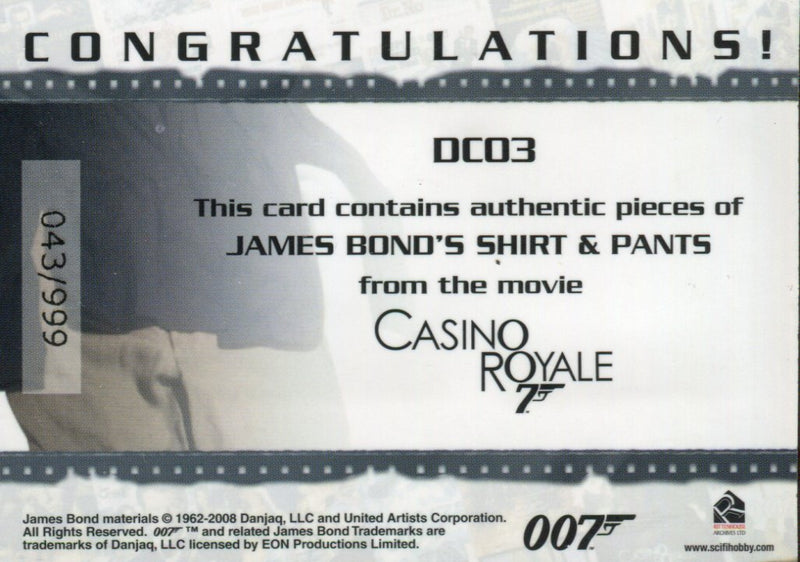 James Bond in Motion 2008 James Bond Double Costume Card DC03 #043/999   - TvMovieCards.com