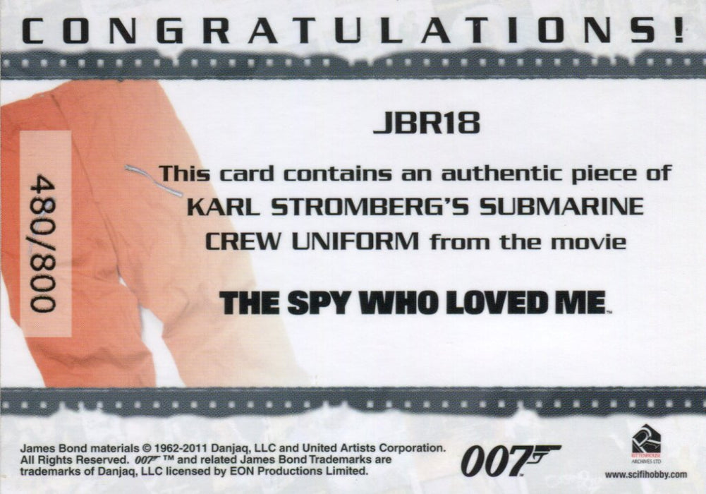 James Bond Mission Logs Stromberg's Uniform Relic Costume Card JBR18 #480/800   - TvMovieCards.com