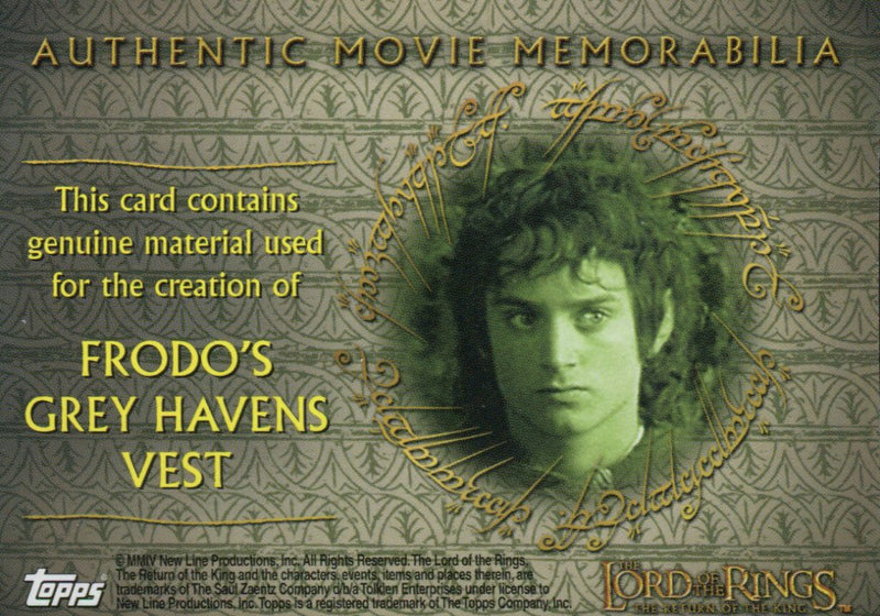 Lord of the Rings Return of King Frodo's Grey Havens Vest Costume Card   - TvMovieCards.com