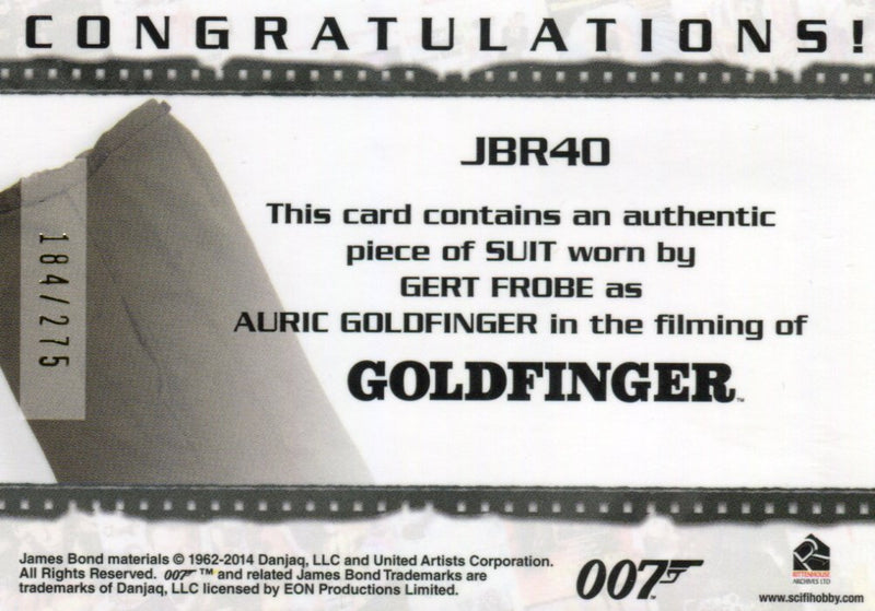 James Bond Archives 2014 Edition Auric's Suit Relic Card JBR40 #184/275   - TvMovieCards.com