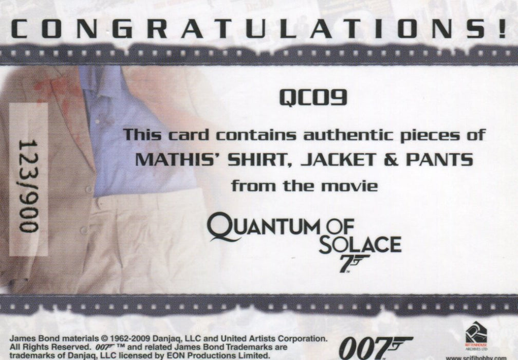 James Bond 2009 Archives Mathis Triple Relic Card QC09 #123/900   - TvMovieCards.com