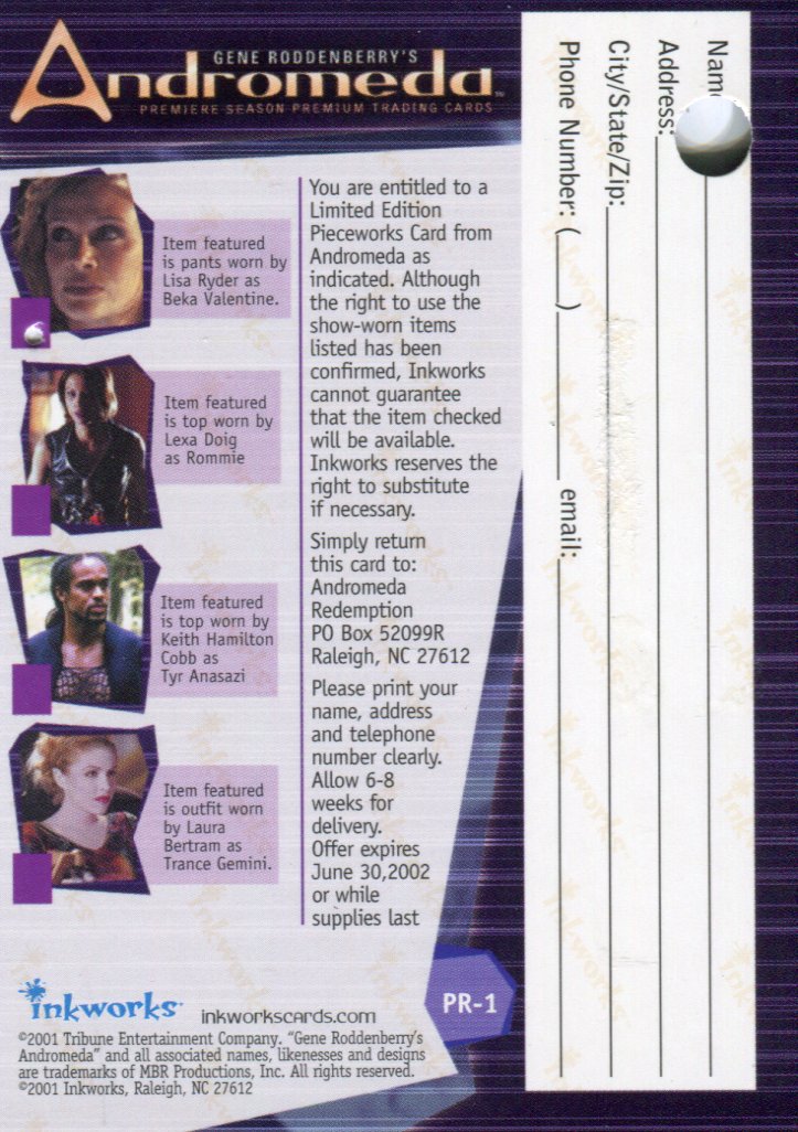 Andromeda Invalid Pieceworks Redemption Card  PW1 Lisa Ryder as Beka Valentine   - TvMovieCards.com