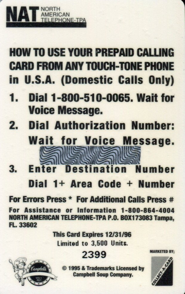 Campbell's Soup $5.00 Phone Card Chase Card Case Bonus card - TvMovieCards.com