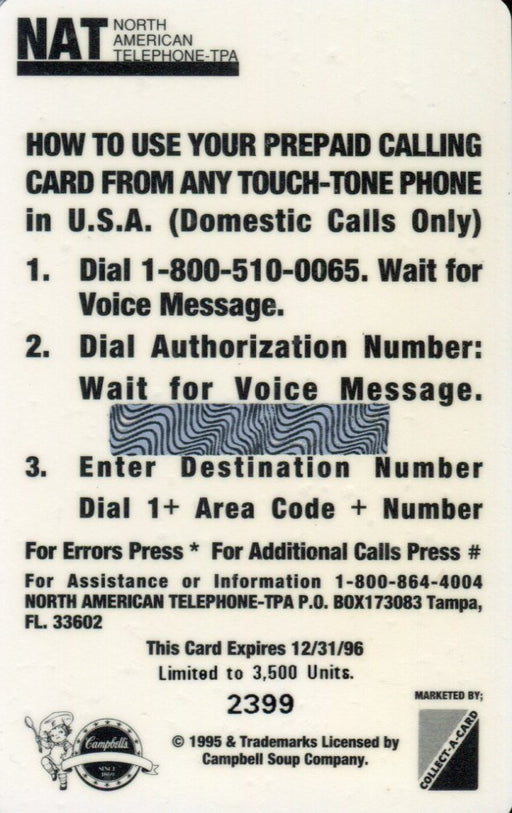 Campbell's Soup $5.00 Phone Card Chase Card Case Bonus card - TvMovieCards.com