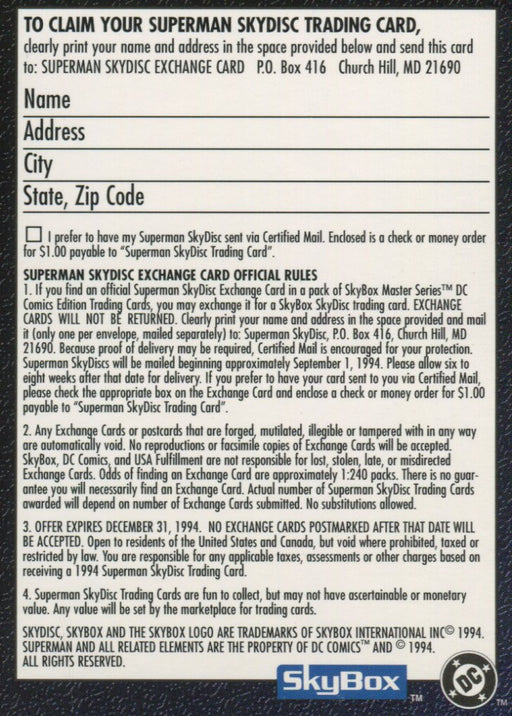DC Master Series Expired Skydisc Redemption Chase Card Skybox 1994   - TvMovieCards.com
