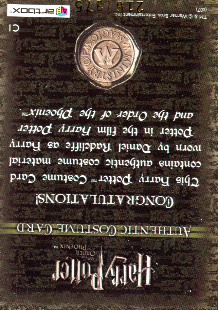 Harry Potter Order Phoenix Harry's Shirt Costume Card C1 HP #216/375   - TvMovieCards.com