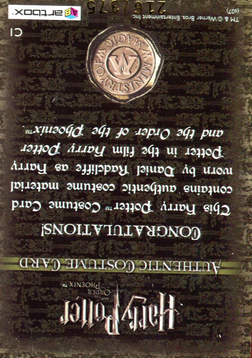 Harry Potter Order Phoenix Harry's Shirt Costume Card C1 HP #216/375   - TvMovieCards.com