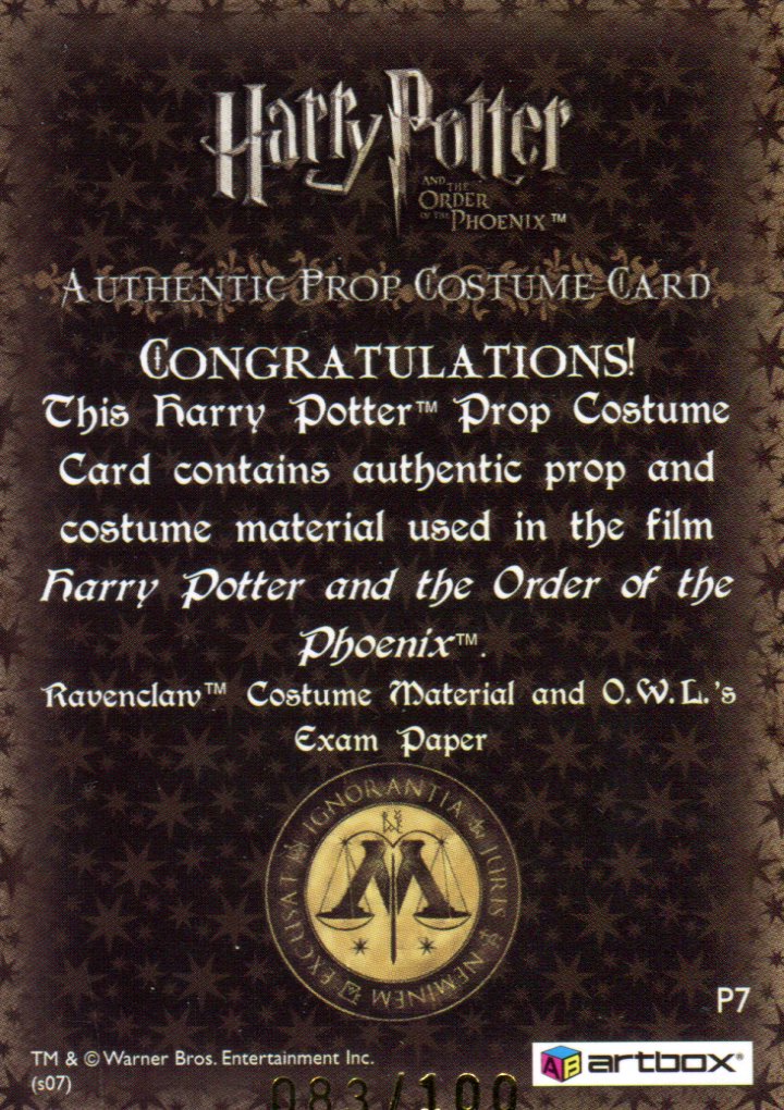 Harry Potter Order Phoenix Update Prop Costume Card P7 HP #083/100   - TvMovieCards.com