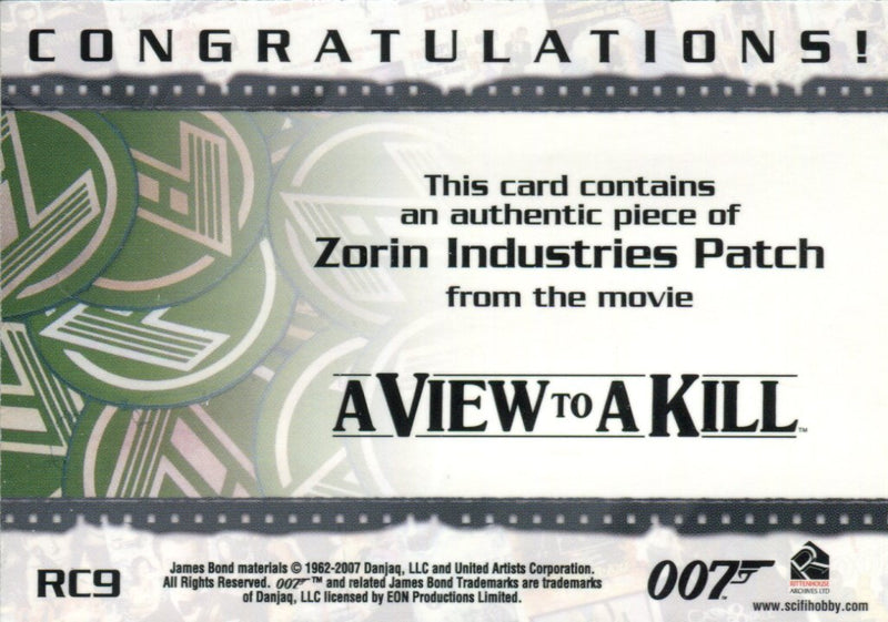 James Bond Complete Zorin Industries Patch Relic Card RC9   - TvMovieCards.com