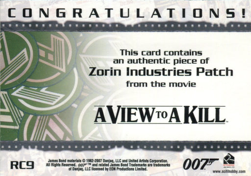 James Bond Complete Zorin Industries Patch Relic Card RC9   - TvMovieCards.com