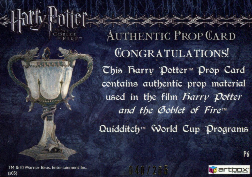 Harry Potter Goblet Fire World Cup Programs Prop Card HP P6 #040/205   - TvMovieCards.com