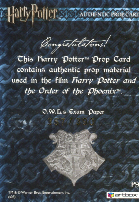 The World of Harry Potter 3D 2 O.W.L.s Exam Paper Prop Card HP P9 #357/390   - TvMovieCards.com