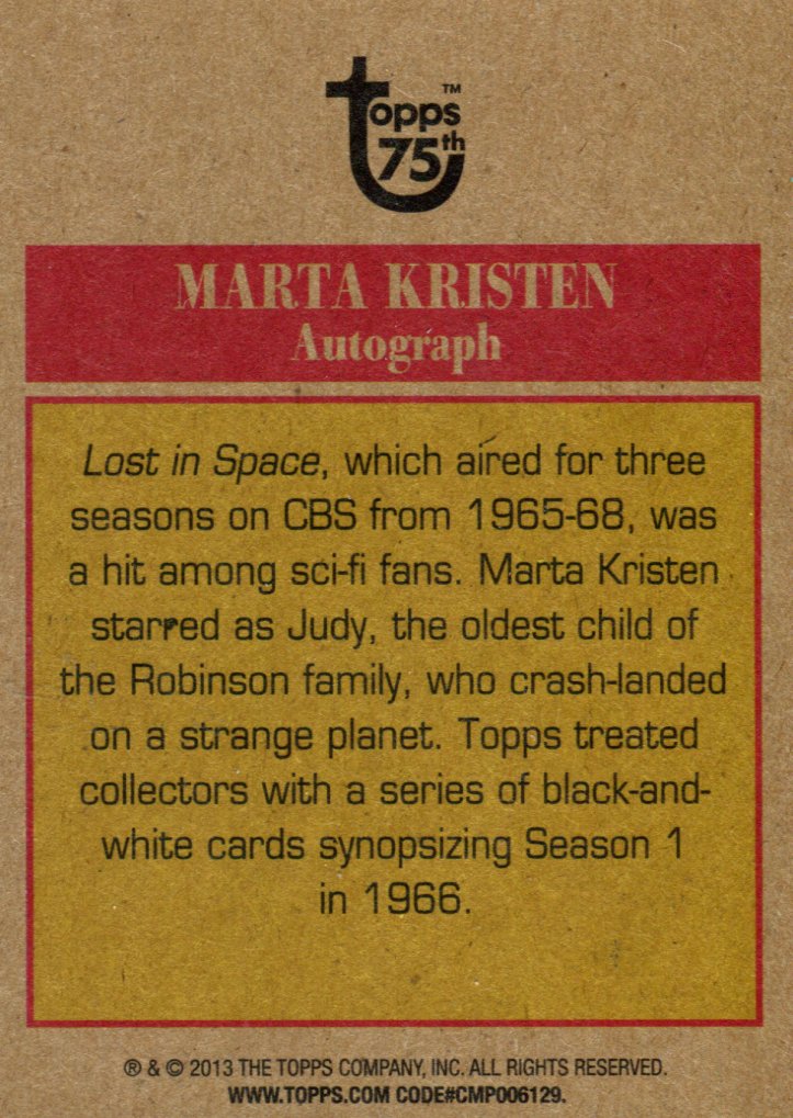 Topps 75th Anniversary Lost in Space Marta Kristen Judy Robinson Autograph Card - TvMovieCards.com