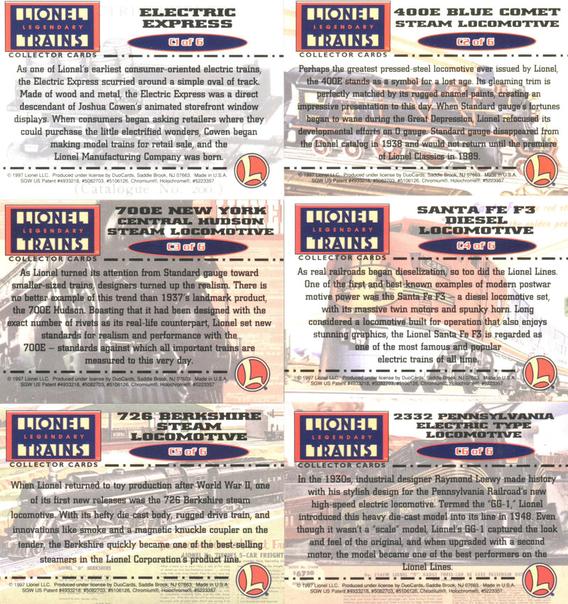 Lionel Legendary Trains Chromium Chase Card Set 6 Cards C1 thru C6   - TvMovieCards.com