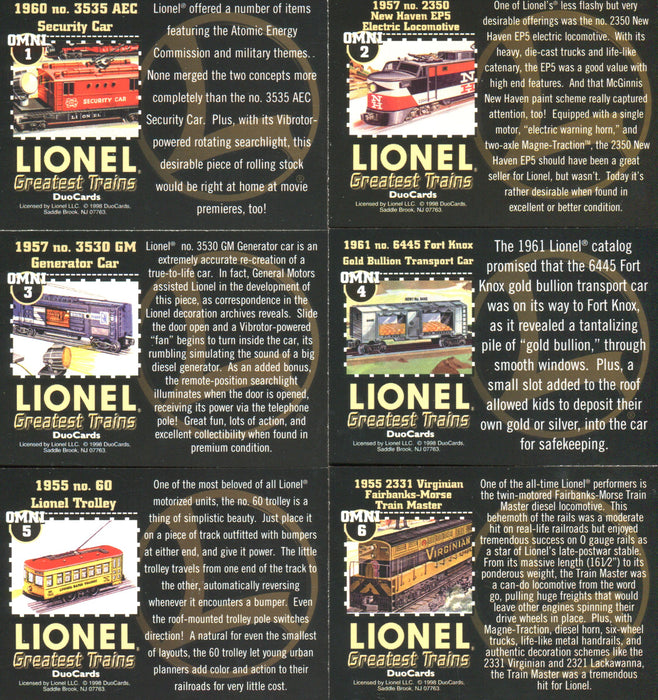 Lionel Greatest Trains Omnichrome Chase Card Set 6 Cards Omni 1 thru Omni 6   - TvMovieCards.com