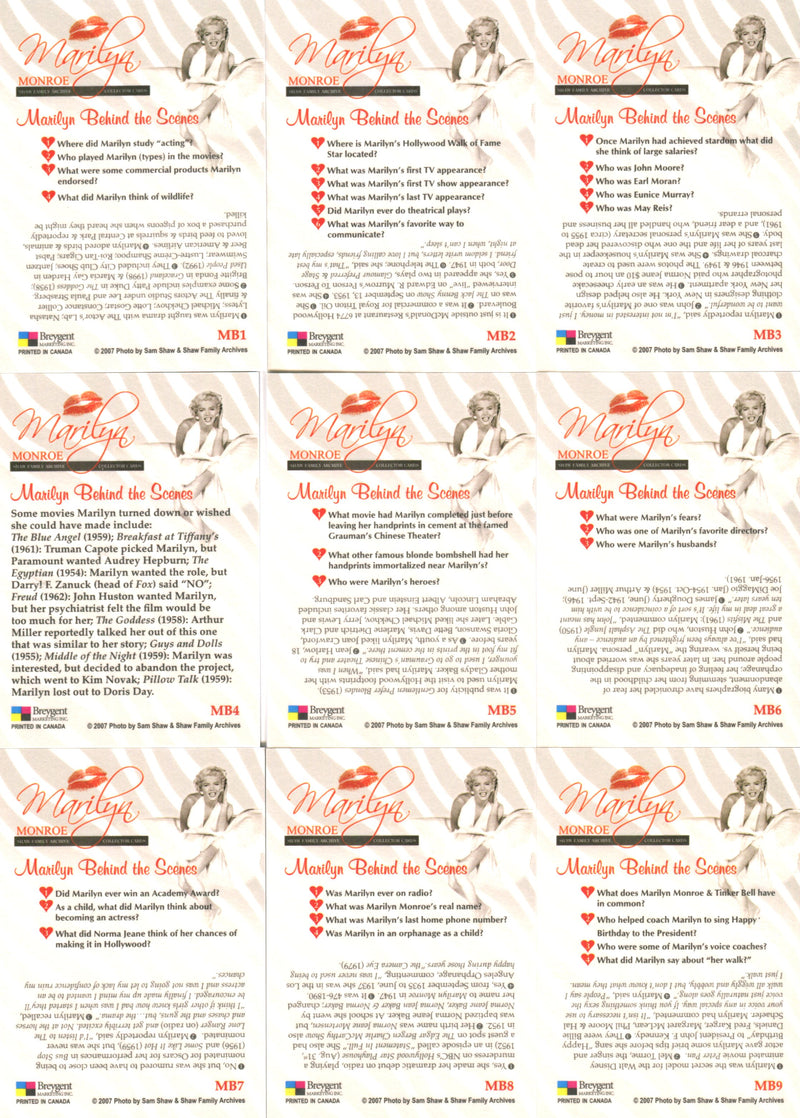 Marilyn Monroe Shaw Family Archive Behind The Scenes Chase Card Set MB1-MB9   - TvMovieCards.com