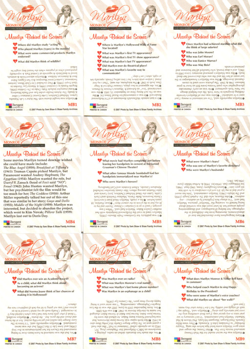 Marilyn Monroe Shaw Family Archive Behind The Scenes Chase Card Set MB1-MB9   - TvMovieCards.com