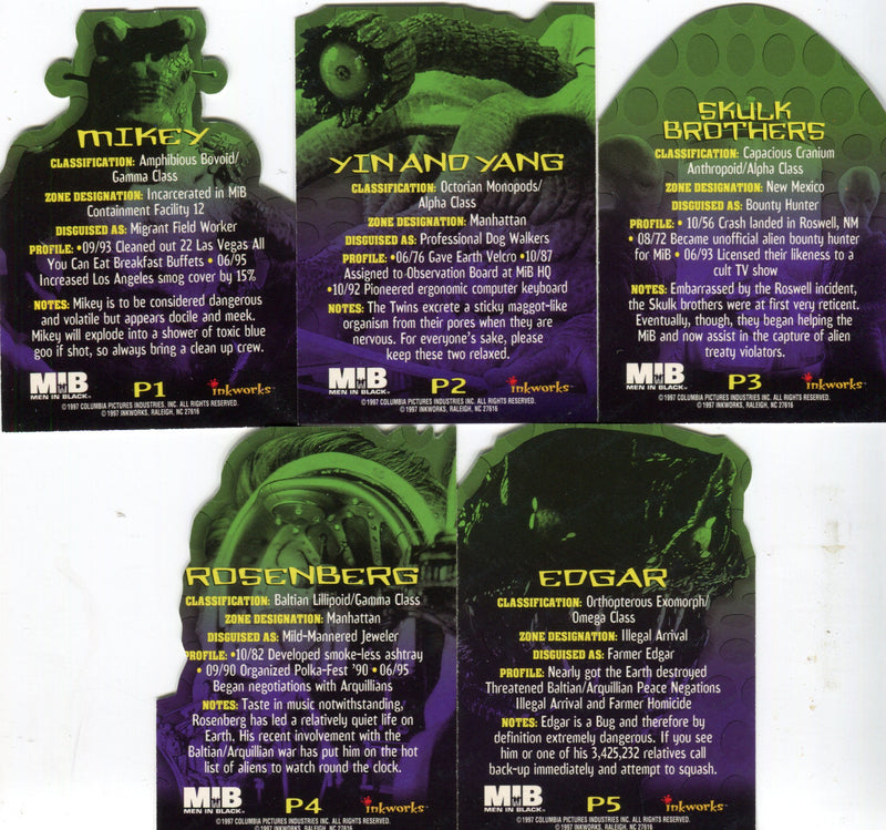 Men In Black 1 Movie Alien Profiles Die Cut Chase Card Set P1 - P5 Inkworks 1997   - TvMovieCards.com