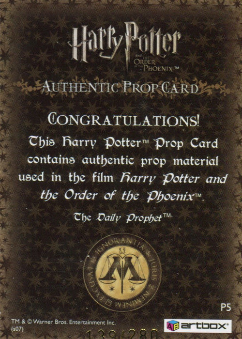 Harry Potter Order Phoenix Update Daily Prophet Prop Card P5 HP #139/280   - TvMovieCards.com