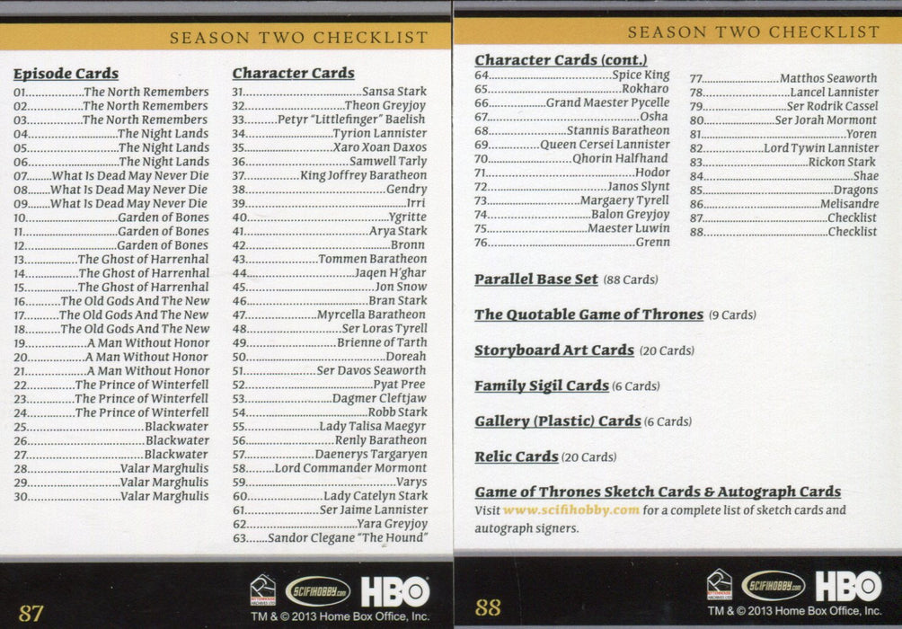 Game of Thrones Season 2 Base Card Set 88 Cards   - TvMovieCards.com