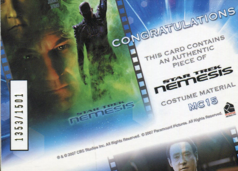 Star Trek Complete Movies 2007 Commander Data Costume Card MC15 #1353/1501   - TvMovieCards.com