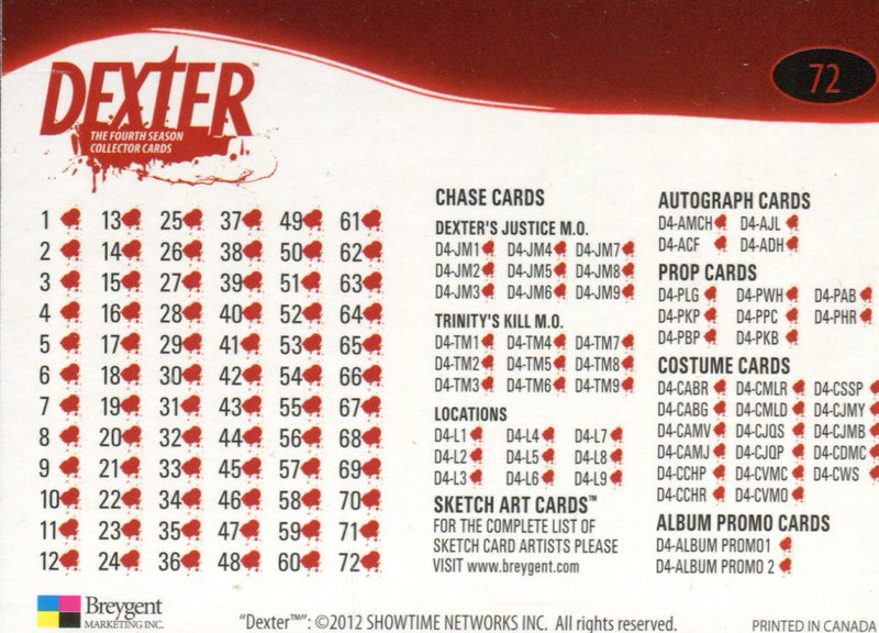 Dexter Season 4 Base Card Set 72 Cards Breygent 2012   - TvMovieCards.com