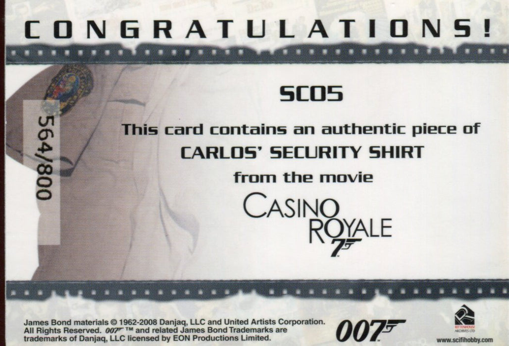 James Bond in Motion 2008 Carlos' Shirt Costume Card SC05 #564/800   - TvMovieCards.com