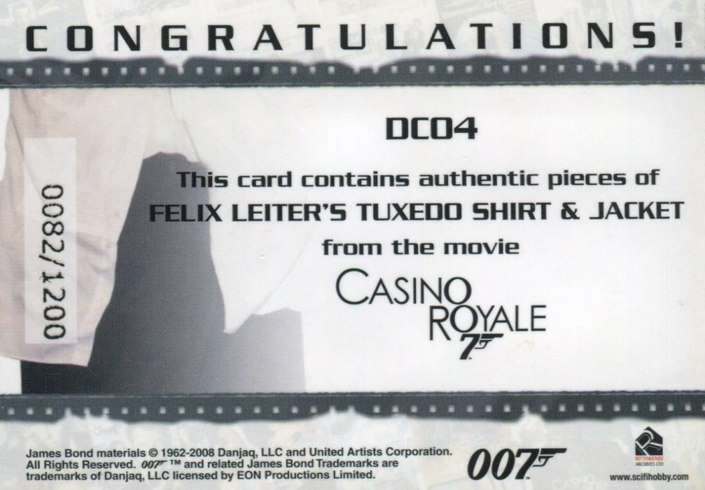 James Bond in Motion 2008 Felix Leiter Double Costume Card DC04 #0082/1200   - TvMovieCards.com