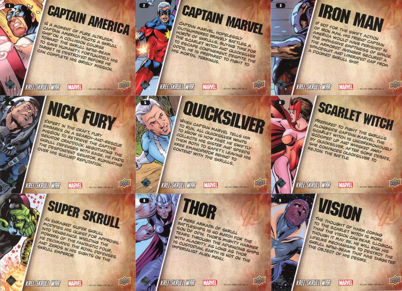 Avengers Kree Skrull War Character and Retro Chase Card Set 9 Cards Upper Deck   - TvMovieCards.com